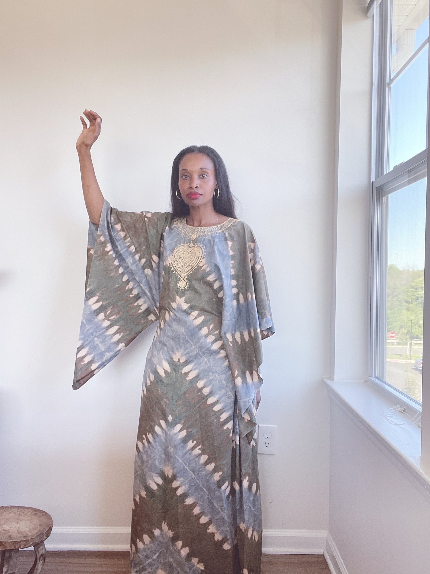 Tie Dye Embroidered 70s Cotton Maxi Dress