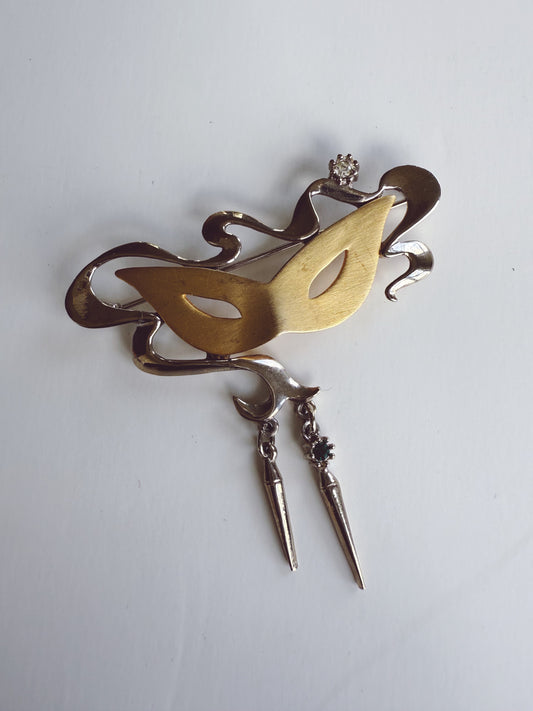 Vintage JJ Masquerade Mask Gold Silver Crystal Brooch Pin
