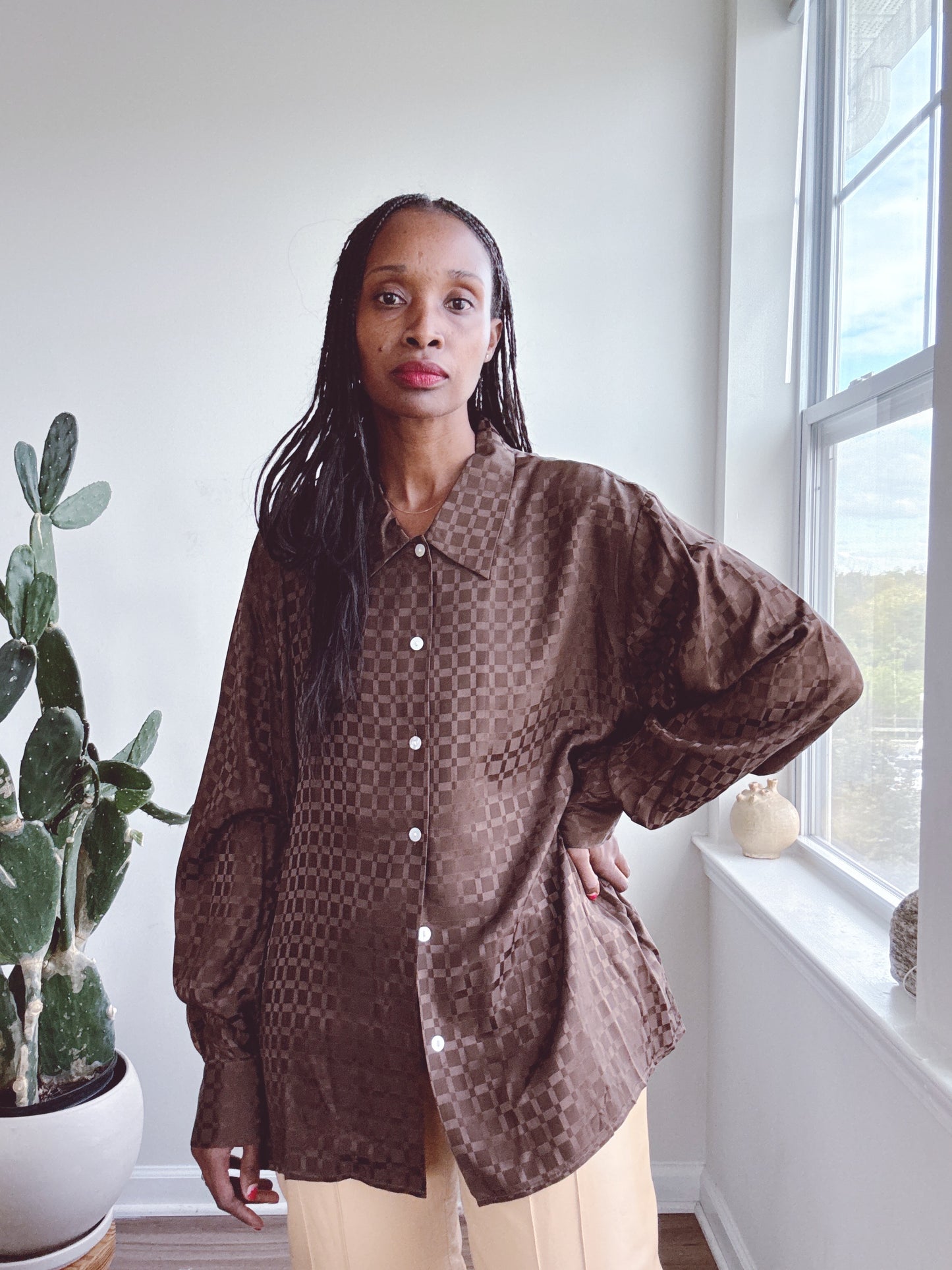 Vintage Brown Checked Silk Blouse