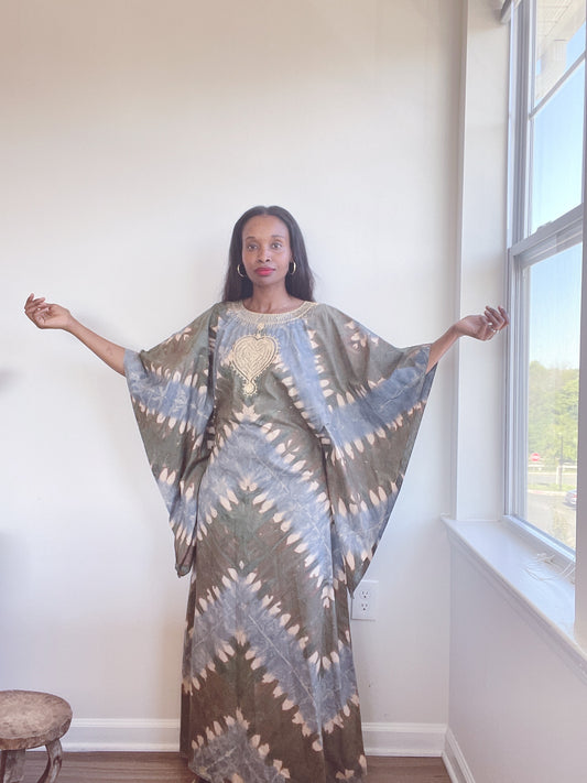 Tie Dye Embroidered 70s Cotton Maxi Dress