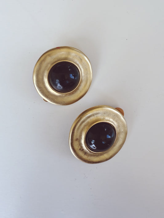 ERWIN PEARL Vintage P.E.P Gold Black Metal Modernist Clip On Earrings
