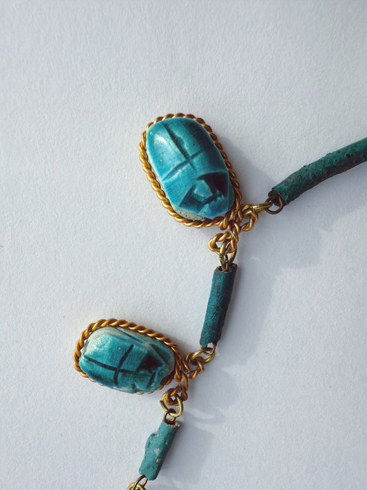 Vintage Egyptian Scarab and Faience Bead Necklace Gold Tone