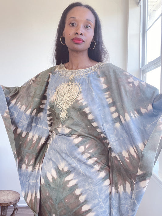 Tie Dye Embroidered 70s Cotton Maxi Dress