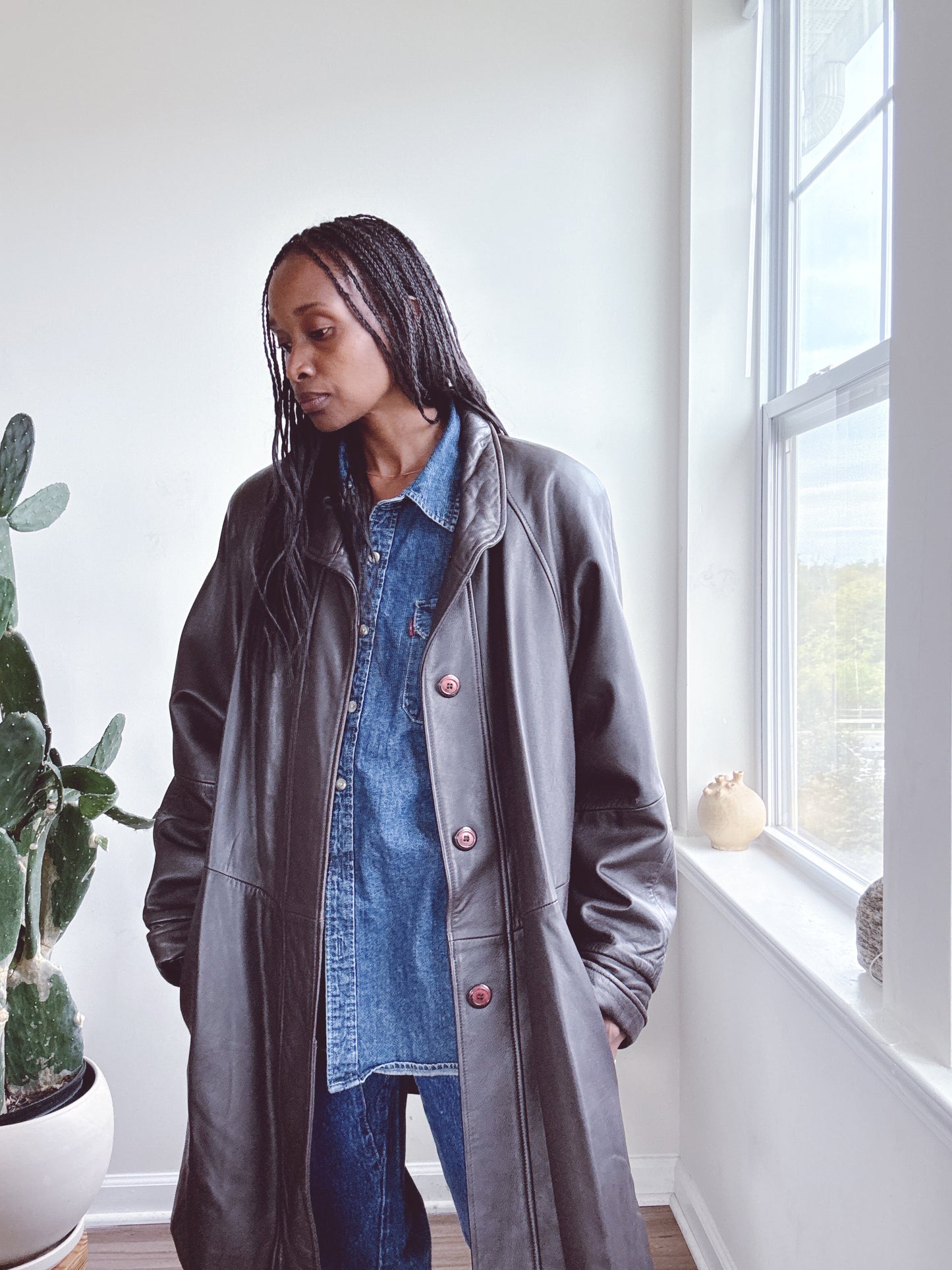 Vintage Leather Coat Jacket Dark Brown