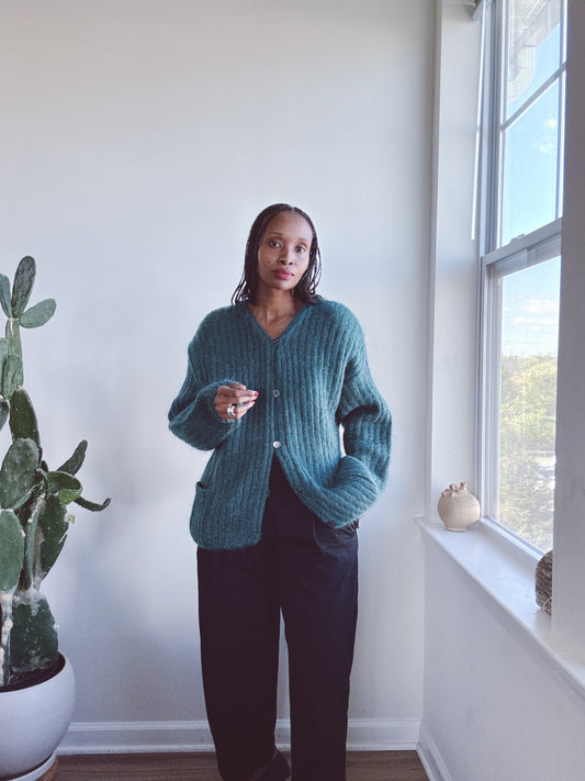 Ribbed Mohair Teal Cardigan Sweater