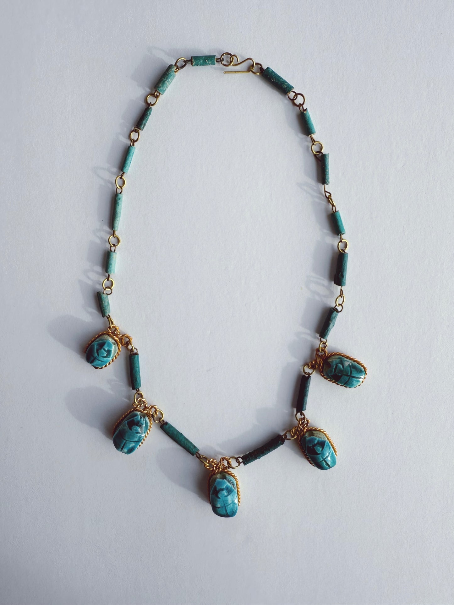 Vintage Egyptian Scarab and Faience Bead Necklace Gold Tone