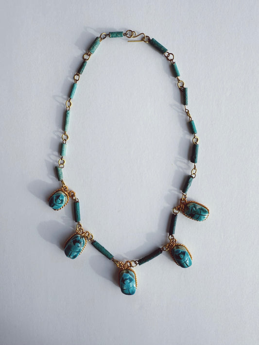 Vintage Egyptian Scarab and Faience Bead Necklace Gold Tone