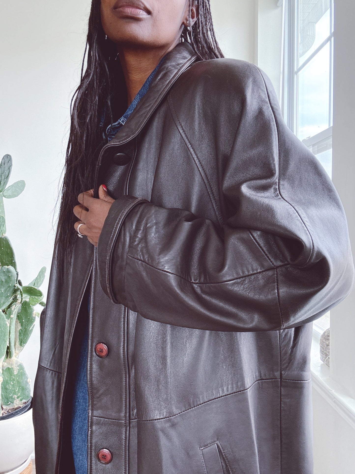 Vintage Leather Coat Jacket Dark Brown