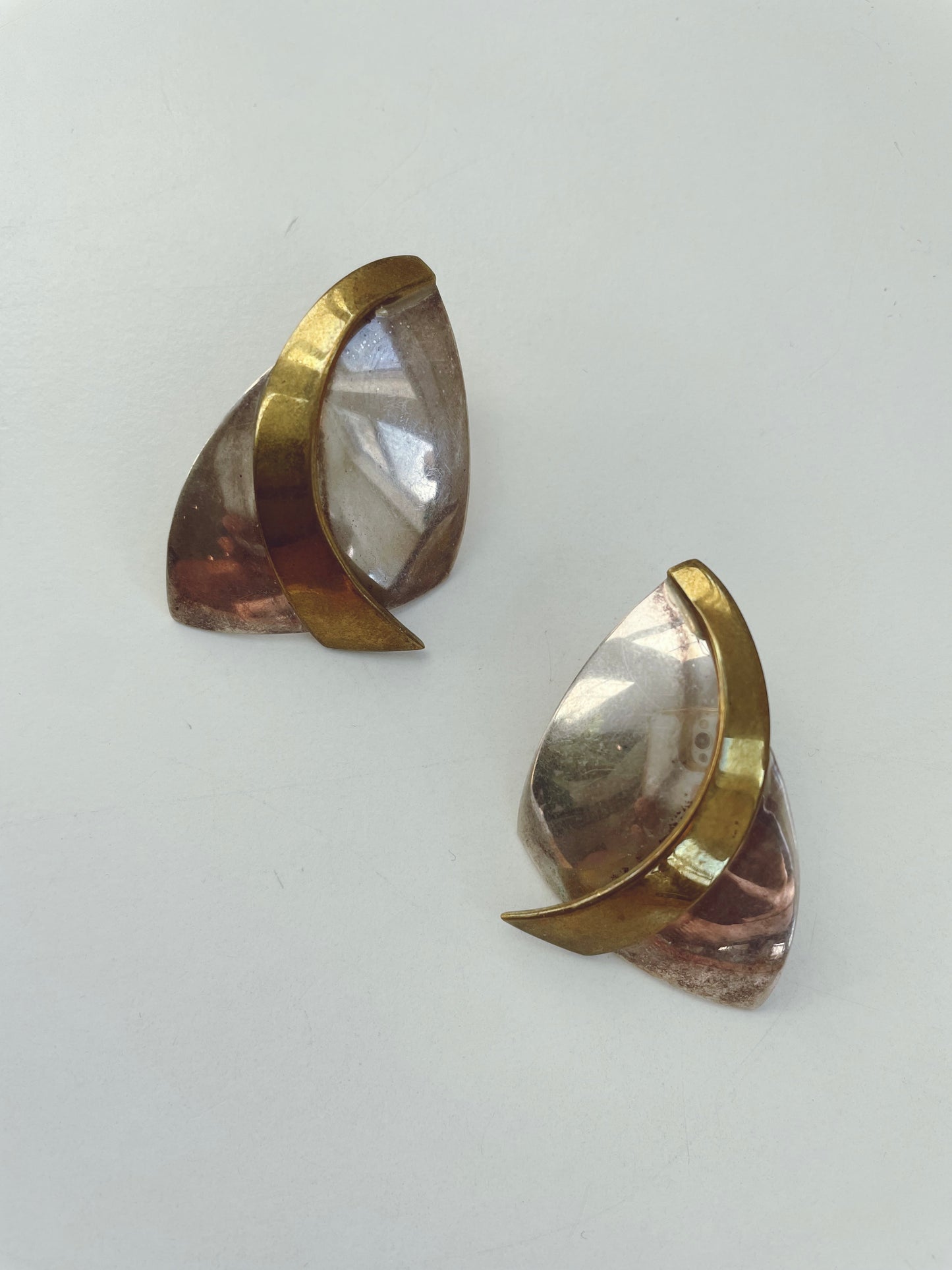 Vintage Modernist Two Tone Sterling Silver Earrings