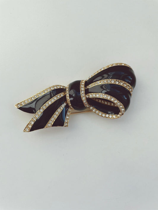 CINER Black Enamel Crystal Bow Brooch