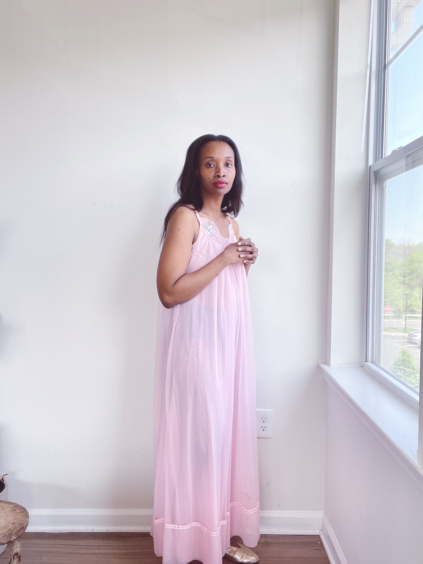 Pink Embroidered Nightgown Jumpsuit