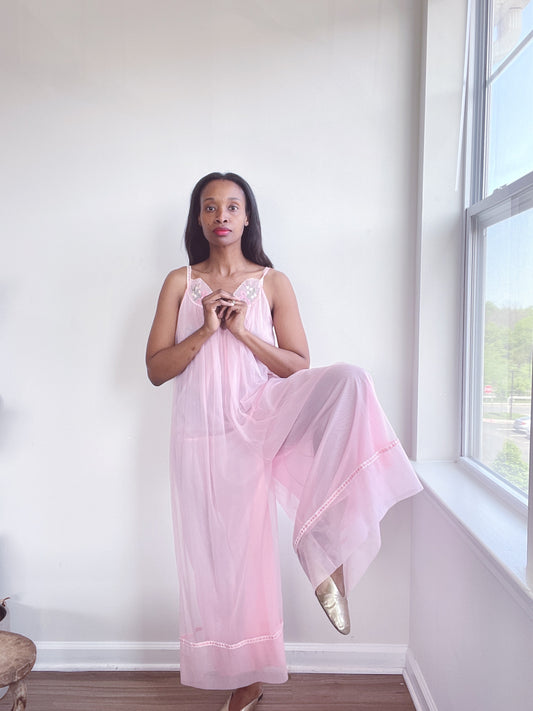 Pink Embroidered Nightgown Jumpsuit
