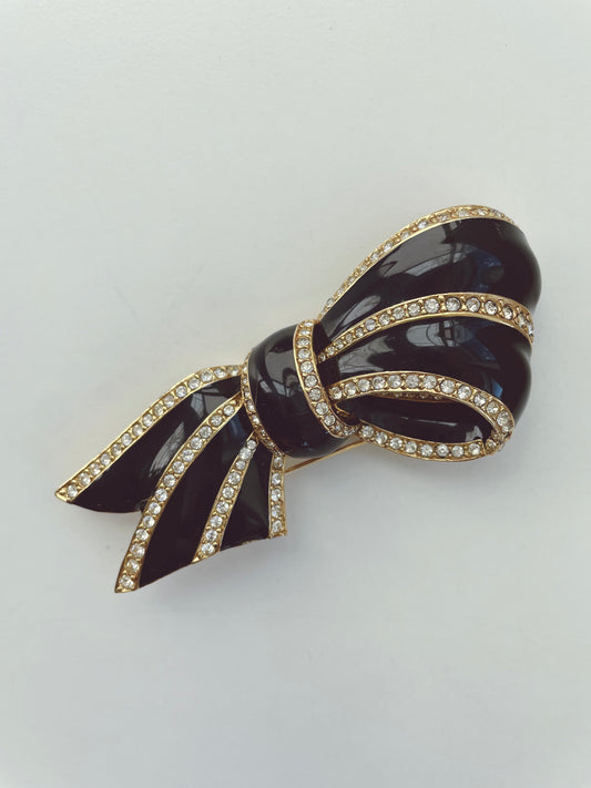 CINER Black Enamel Crystal Bow Brooch