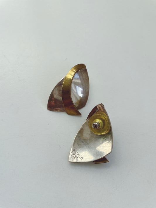 Vintage Modernist Two Tone Sterling Silver Earrings