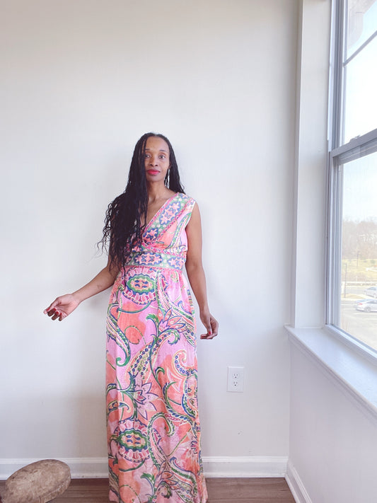 60s Whimsical Floral Print Maxi Psychedelic Dress