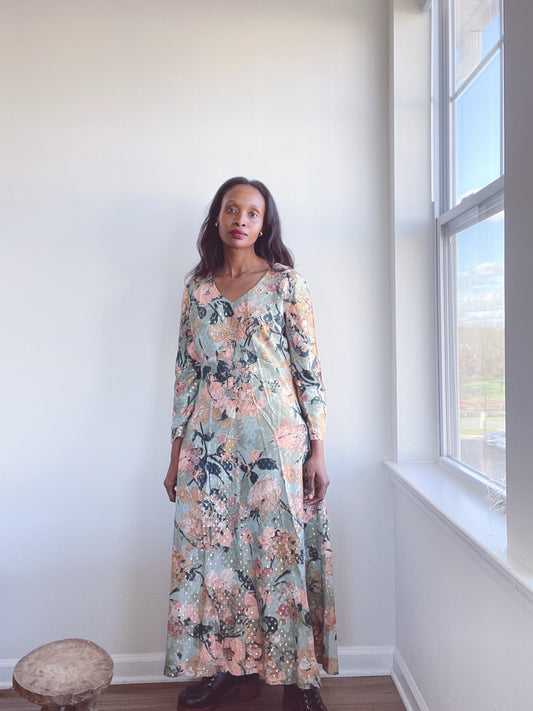 70s Floral Metallic Whimsical Dress