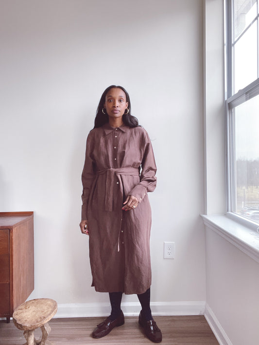 Minimalist Brown Silk Linen Shirt Dress