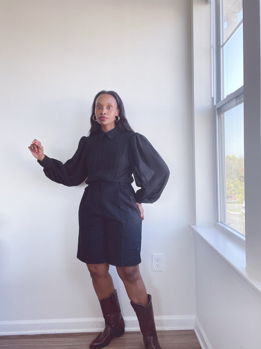 Chiffon Pleated Puff Sleeve Vintage Blouse