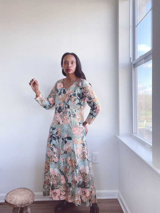 70s Floral Metallic Whimsical Dress