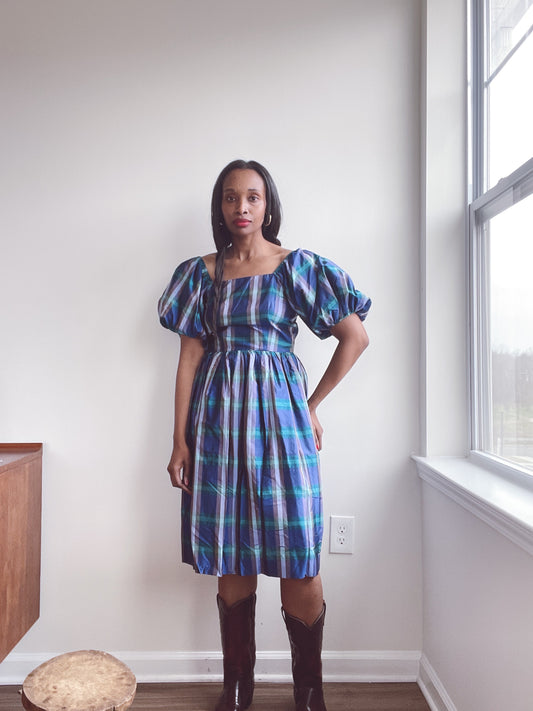 Vintage Puff Sleeve Plaid Dress XS - S