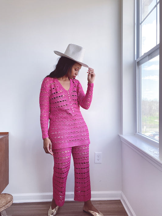 70s Crochet Lurex Dress Top Electric Pink