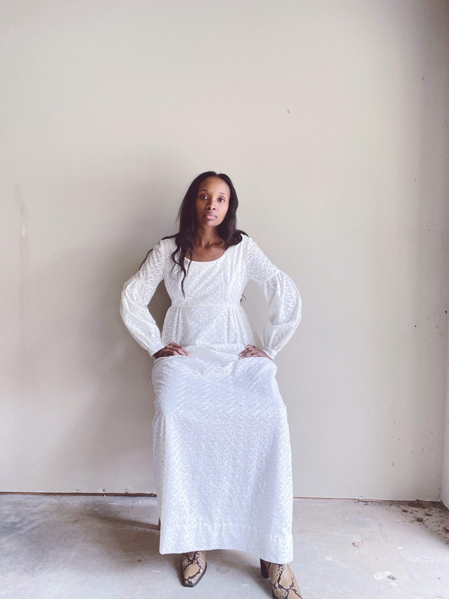 70s Eyelet Ivory Poet Sleeve Lace Maxi Dress
