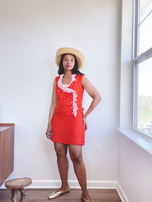 60s Raw Silk Ruffle Orange Mini Dress