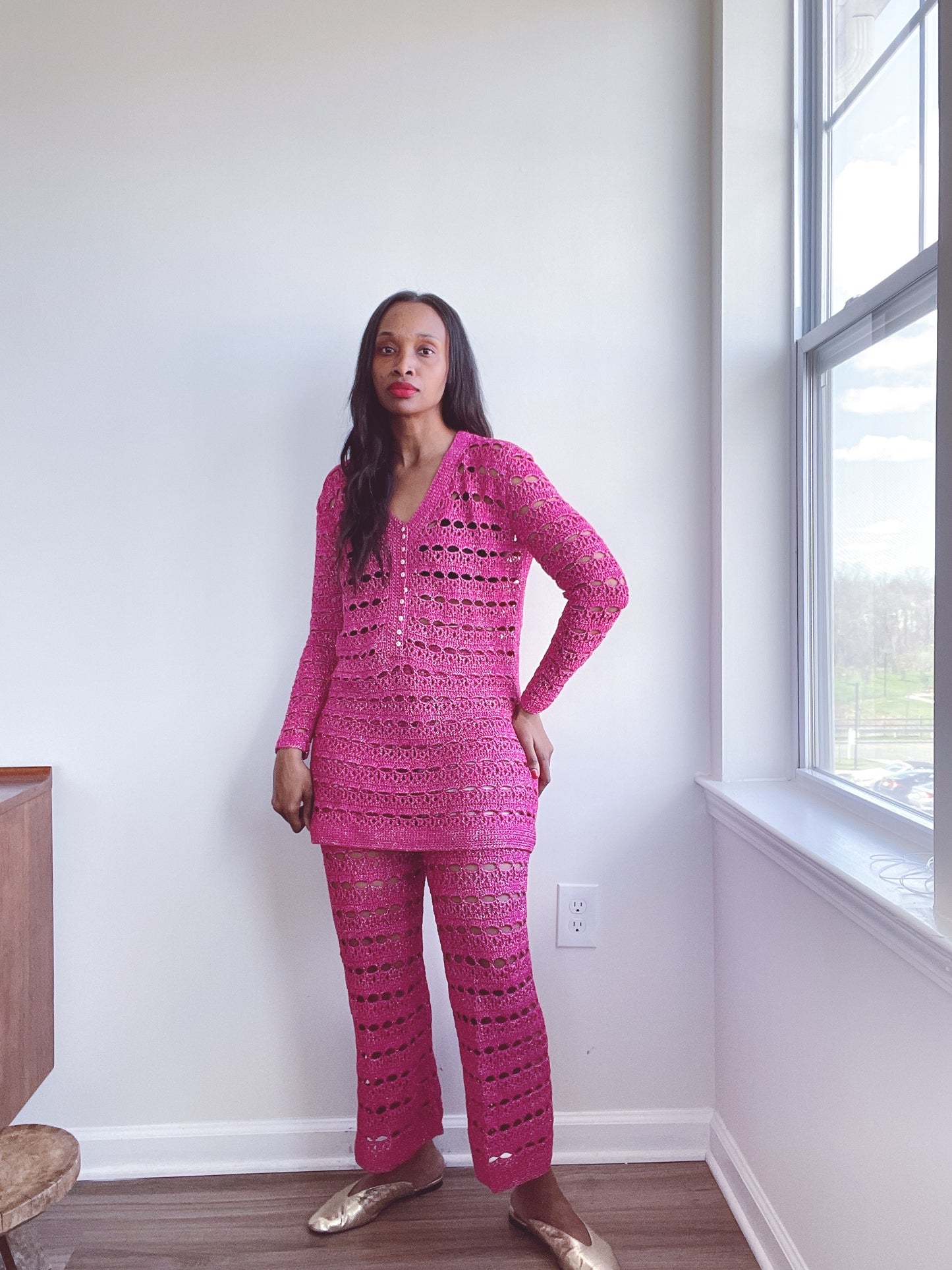 70s Crochet Lurex Pants Electric Pink