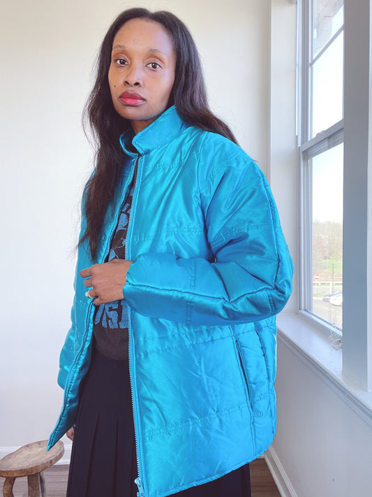 Metallic Quilted Blue Vintage Bomber Jacket