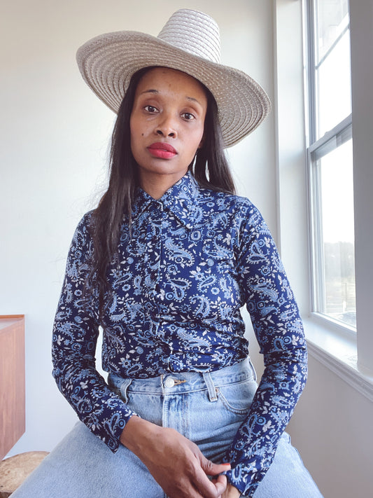 Vintage Blue 70s Print Blouse