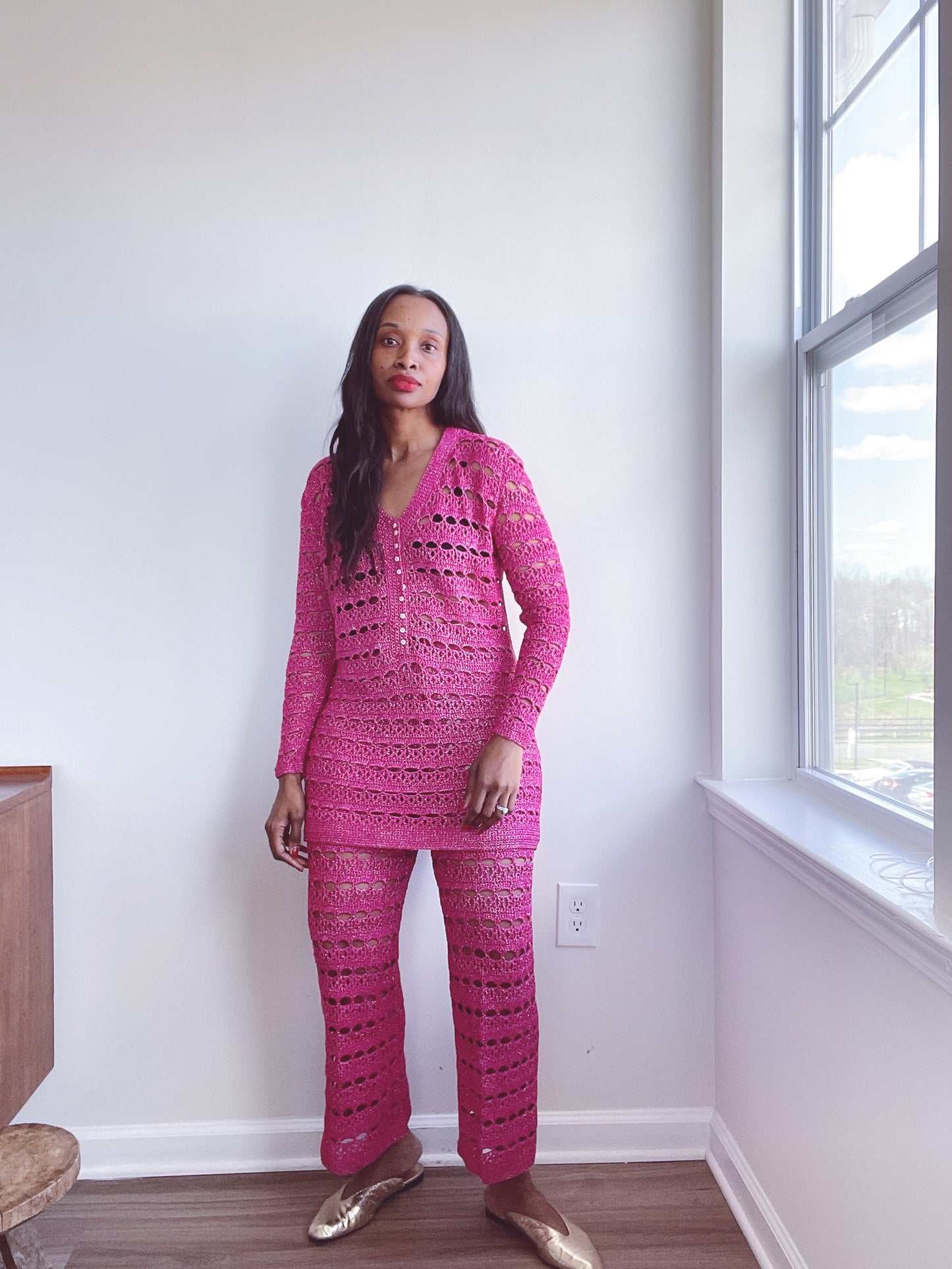 70s Crochet Lurex Pants Electric Pink