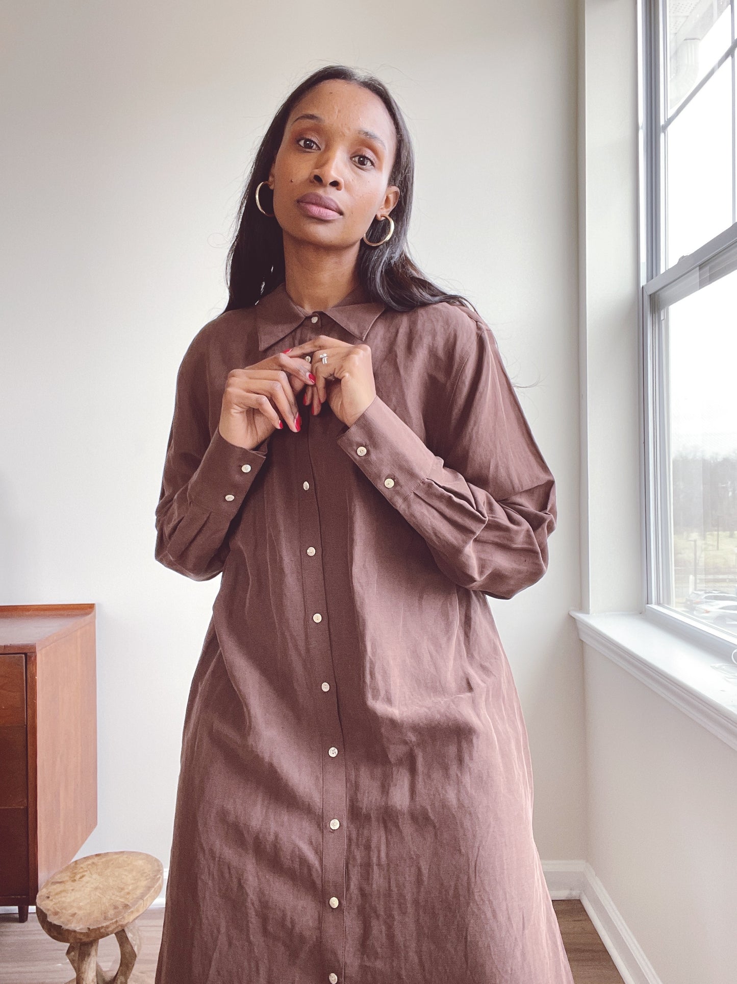 Minimalist Brown Silk Linen Shirt Dress