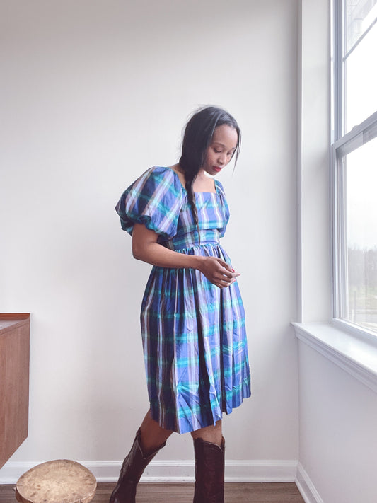 Vintage Puff Sleeve Plaid Dress XS - S