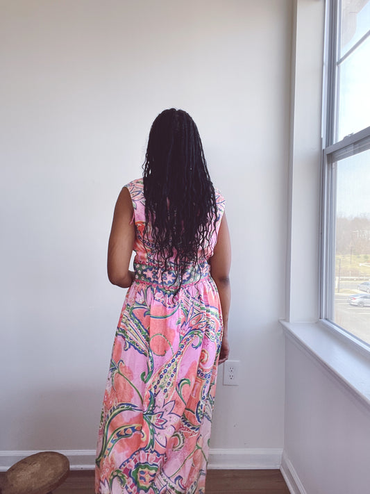 60s Whimsical Floral Print Maxi Psychedelic Dress