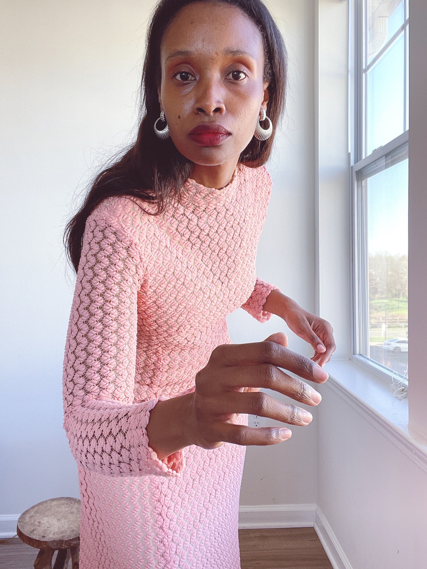 70s Pink Knit Maxi Dress