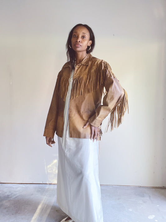 Cognac Leather Fringe Jacket