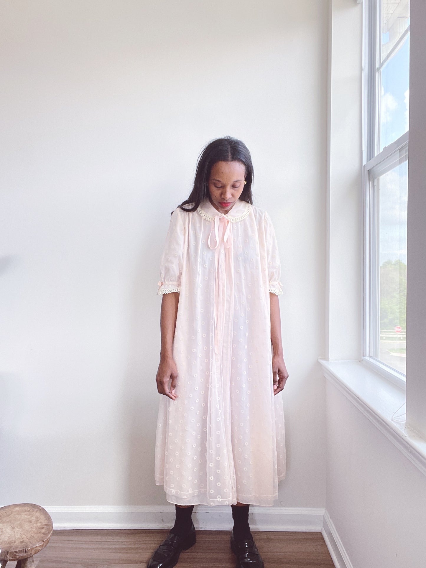 60s Blush Duster Lace Overlay Housecoat