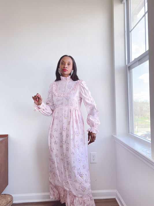 Pink Floral Ruffled 70s Dress