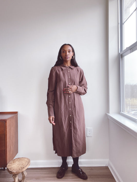 Minimalist Brown Silk Linen Shirt Dress