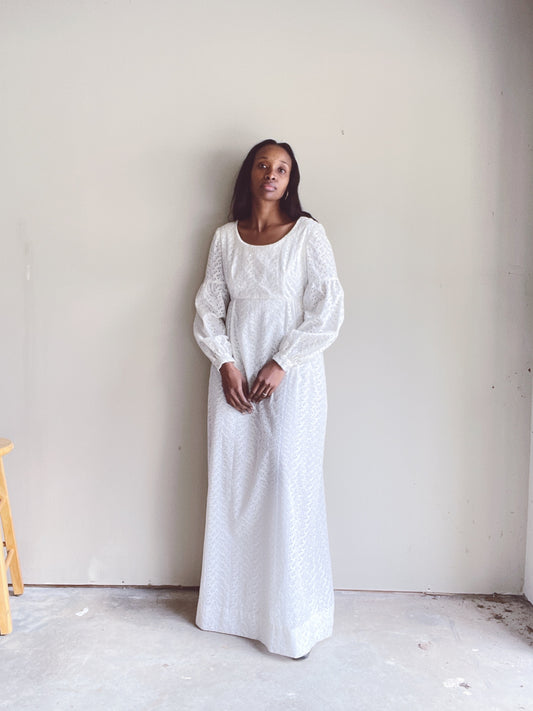 70s Eyelet Ivory Poet Sleeve Lace Maxi Dress