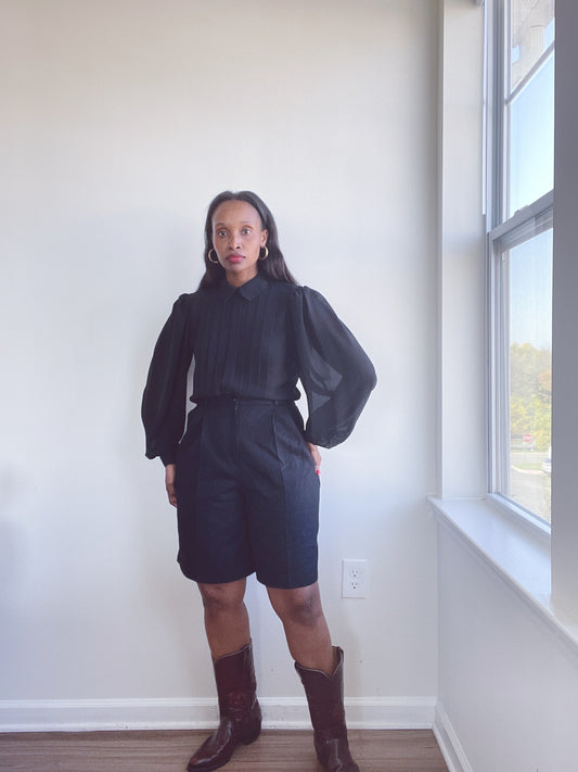 Chiffon Pleated Puff Sleeve Vintage Blouse