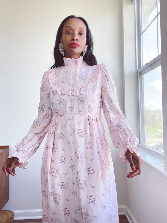 Pink Floral Ruffled 70s Dress