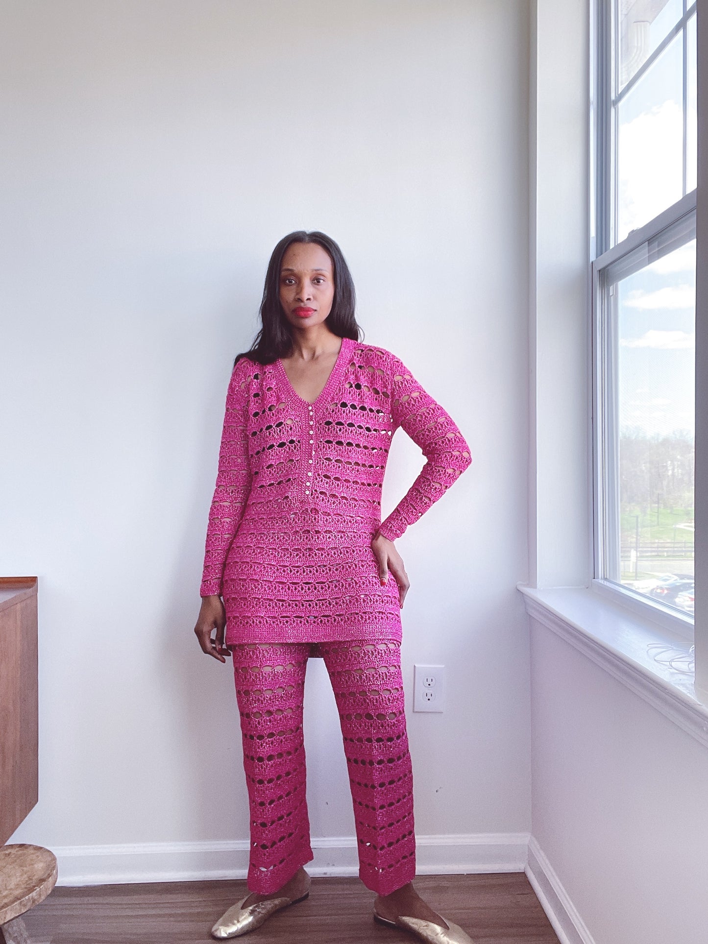 70s Crochet Lurex Dress Top Electric Pink