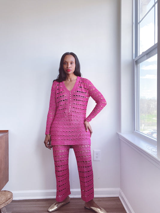 70s Crochet Lurex Dress Top Electric Pink