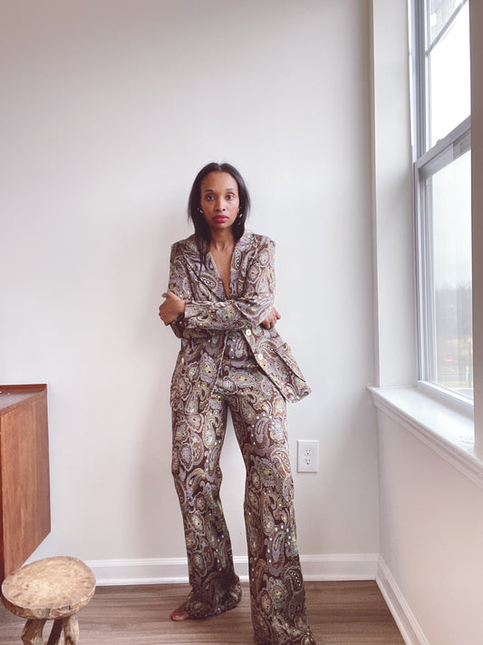 70s Brown Paisley Print Pant Suit