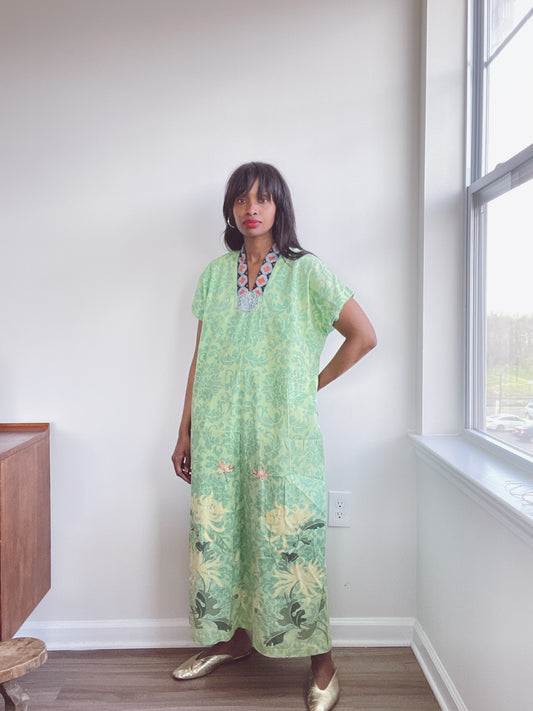 J Peterman Green Cotton Print Caftan