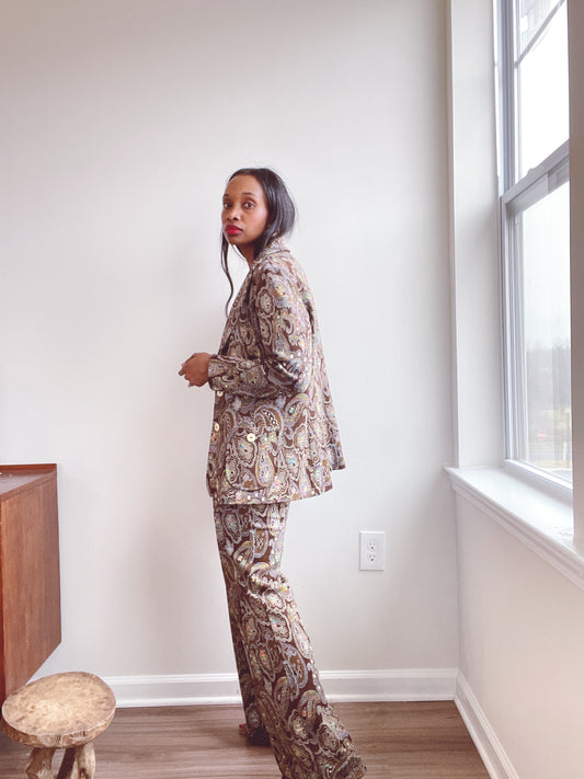 70s Brown Paisley Print Pant Suit