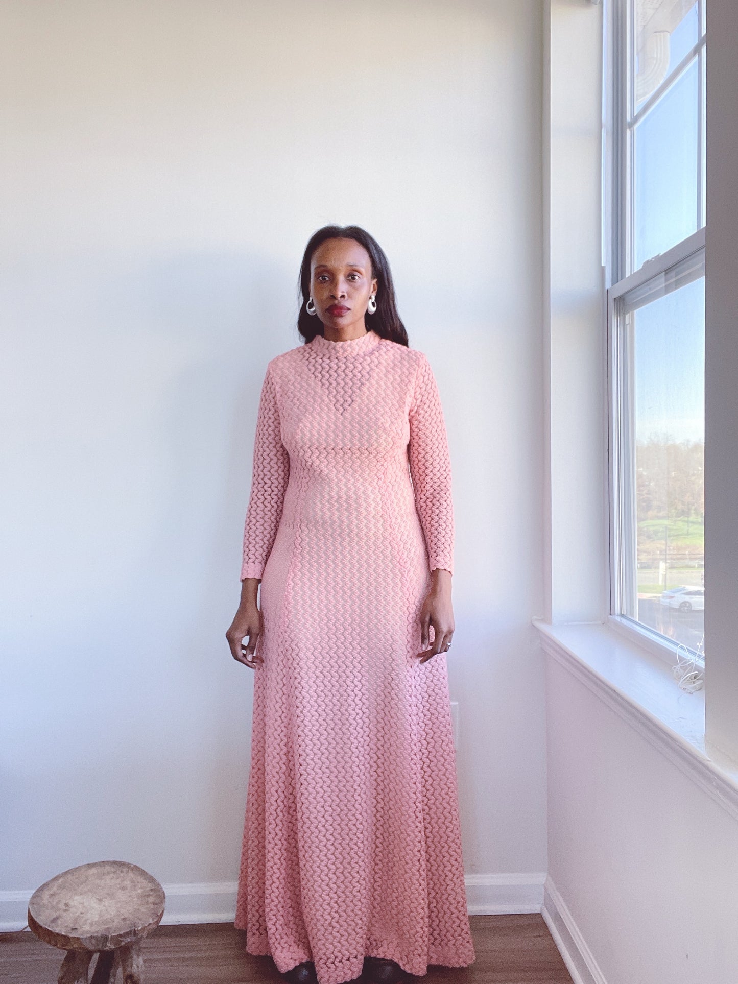 70s Pink Knit Maxi Dress