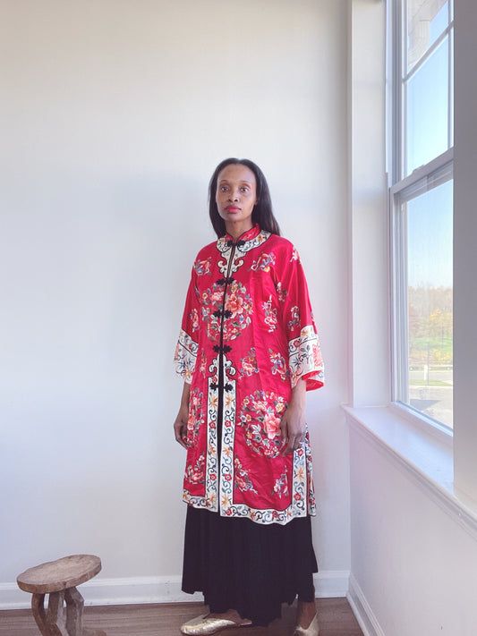 Vintage Red Embroidered Kimono Robe Duster