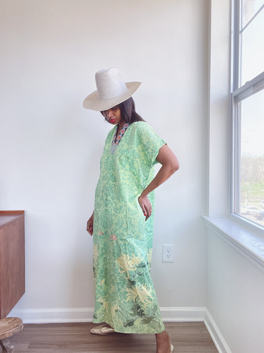 J Peterman Green Cotton Print Caftan